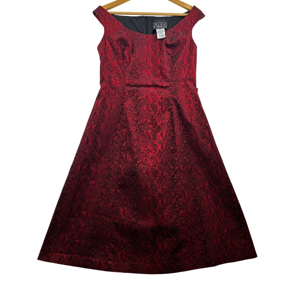 ALEX EVENINGS Red Black Metallic Brocade Fit & Flare‎ Glam Cocktail Dress Sz 10